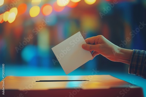 Hand dropping ballot into box against bright lights backdrop photo