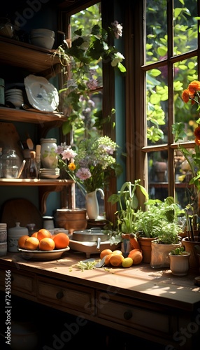 Interior of a rustic kitchen in a country house with lots of plants