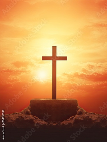 Easter Sunday concept: Tomb empty with cross on sunset background, copy space - generative ai