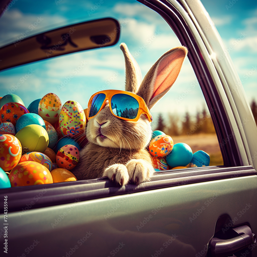 Stylish rabbit wearing sunglasses with colorful Easter eggs. Generative AI