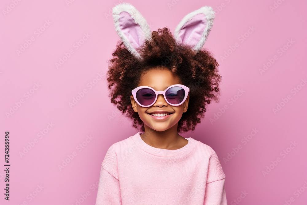 Smiling Girl with Bunny Ears and Sunglasses on Pink. Generative ai Smiling Girl with Bunny Ears and Sunglasses on Pink. Generative ai