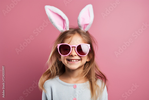 Happy Girl Wearing Bunny Ears and Pink Sunglasses. Generative ai © RicardoLuiz