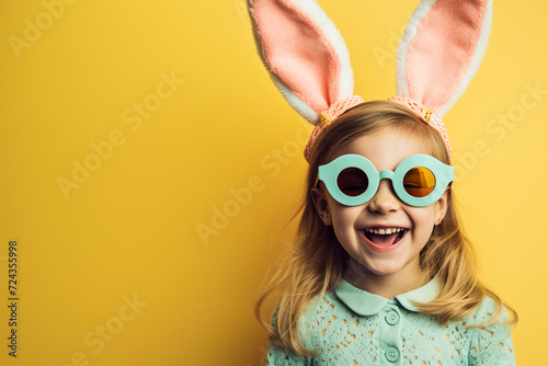 Joyful Girl with Bunny Ears and Sunglasses on Yellow. Generative ai
