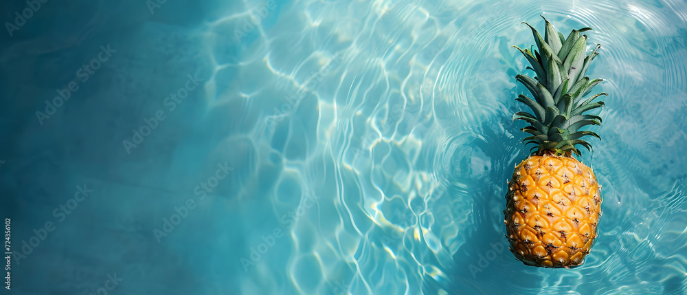 a ripe pineapple floating on a refreshing blue water. summertime. copy space, mock up. aerial view. a ripe pineapple floating on a refreshing blue water. summertime. copy space, mock up. aerial view.