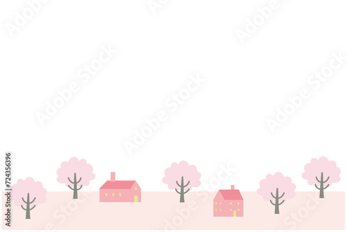 桜のある春の風景イラスト