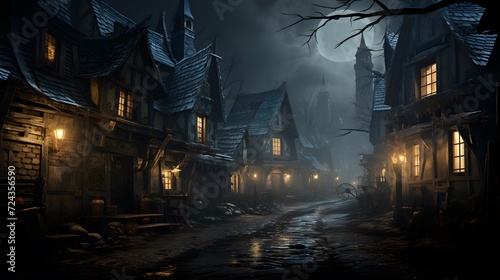 Village in the fog at night. Halloween concept. 3D Rendering