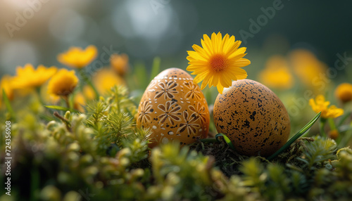 Colorful Easter eggs in vibrant spring among flowers placed on a moss covered forest floor, with daisies and soft light.