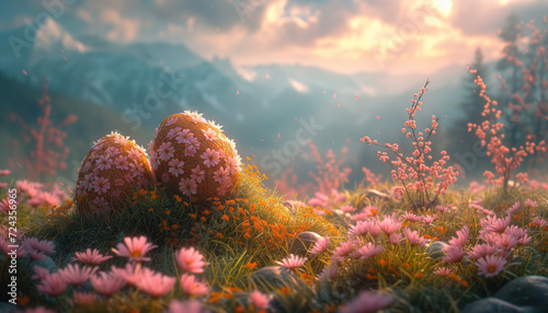 Painted Easter eggs scattered across a colorful mountain meadow in bloom, under a clear blue sky.