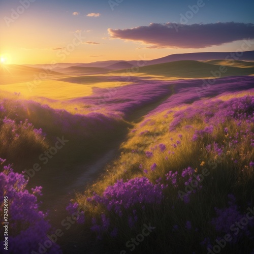 beautiful grasslands, with purple colored flowers here and there. with the sun shining during golden hours for a magical