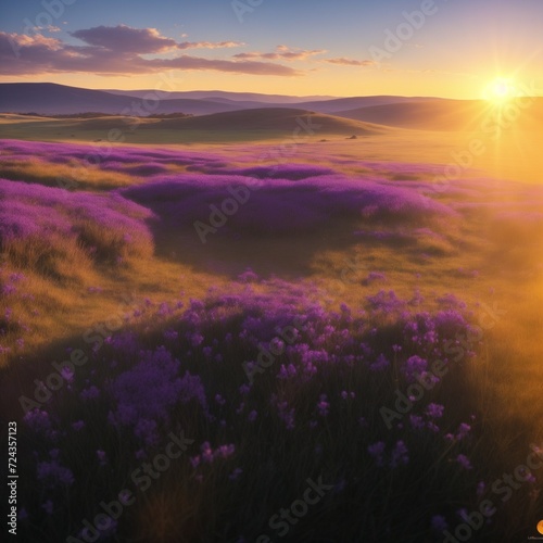 beautiful grasslands  with purple colored flowers here and there. with the sun shining during golden hours for a magical