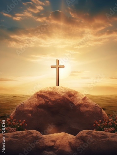 Easter Sunday concept: Tomb empty with cross on sunset background, copy space - generative ai