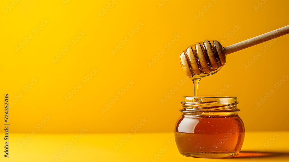 Jar of honey with falling honey from dipper honey, isolated on yellow background. front view. copy space. mock up. front view.