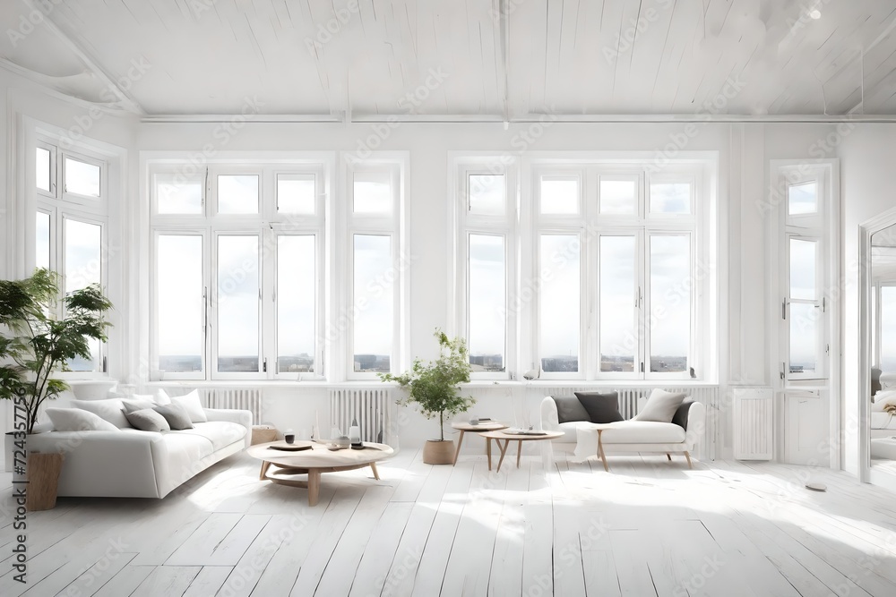White room interior design with large windows. Scandinavian style interior design