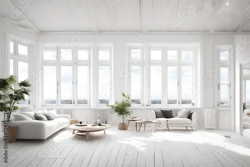 White room interior design with large windows. Scandinavian style interior design