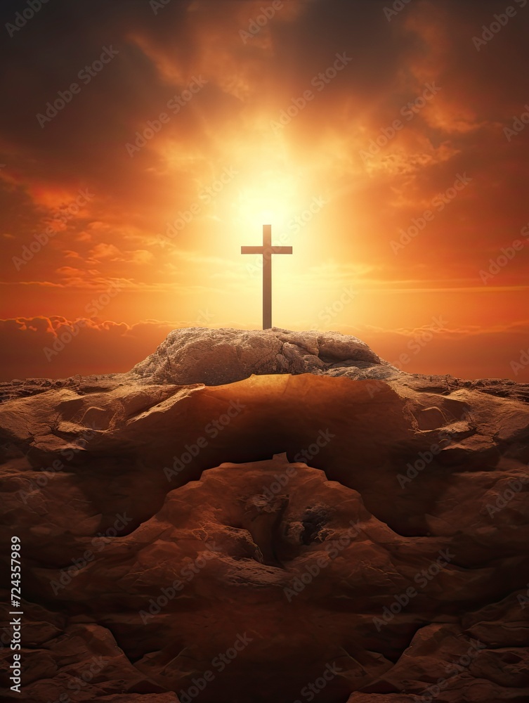 Easter Sunday concept: Tomb empty with cross on sunset background, copy space - generative ai Easter Sunday concept: Tomb empty with cross on sunset background, copy space - generative ai