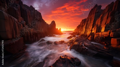 Beautiful panorama of a rocky beach at sunset in Spain.