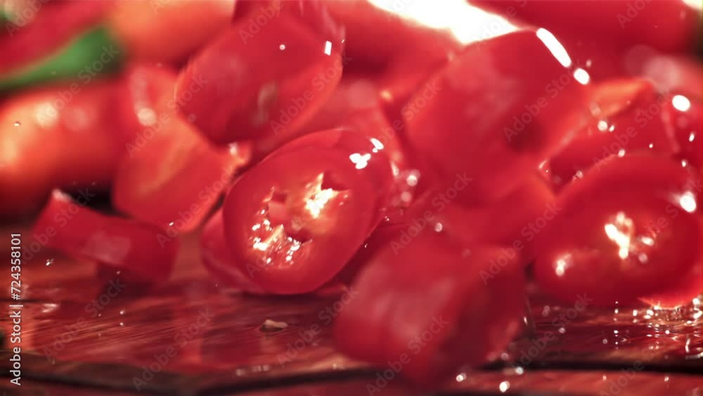 Sliced chili pepper pieces fall on a cutting board. Filmed on a high-speed camera at 1000 fps. High quality FullHD footage Sliced chili pepper pieces fall on a cutting board. Filmed on a high-speed camera at 1000 fps. High quality FullHD footage