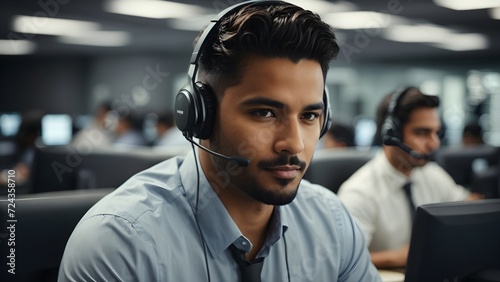 Man at computer, call center and headset with contact us, communication and CRM with tech support. Customer service, help desk and telemarketing with serious male consultant and professional service