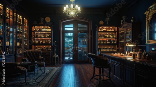 Cigar room, at night, blue color grade