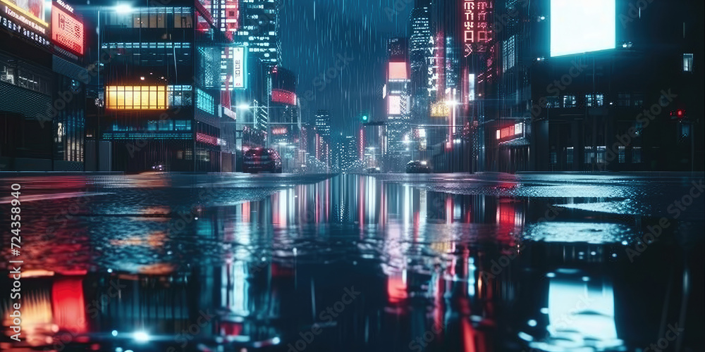 3d modern buildings in capital city with neon  light reflection from puddles on street. Concept for night life, never sleep business district center , night cyberpunk city