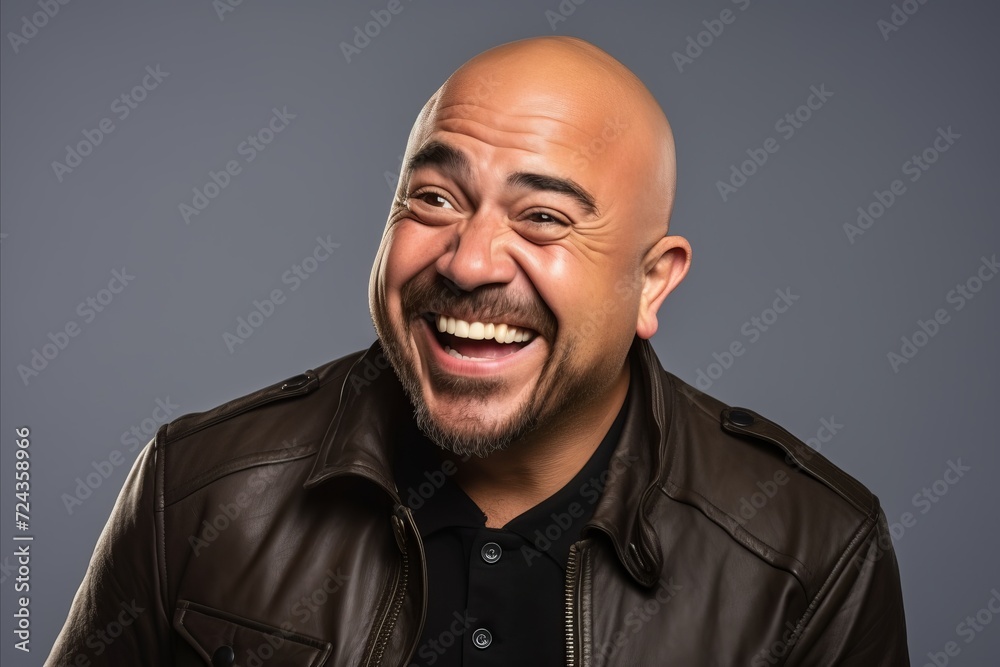 Laughing bald man with leather jacket over grey vignette Laughing bald man with leather jacket over grey vignette