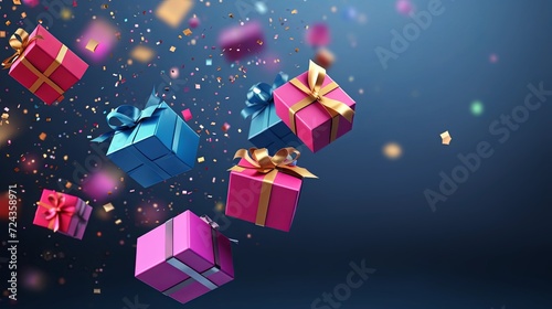 Colourful gift boxes with confetti flying on bright solid background. Happy New Year-Merry Christmas. presentation. advertisement. invitation. copy text space.