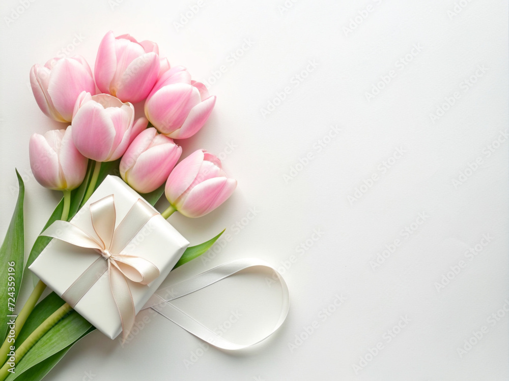 pink tulips with a gift with a bow on white table pink tulips with a gift with a bow on white table
