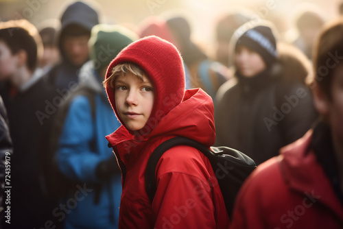 Young Student with Backpack Wearing Red Hat Waiting in Morning Schoolyard. Education and Childhood Concept
