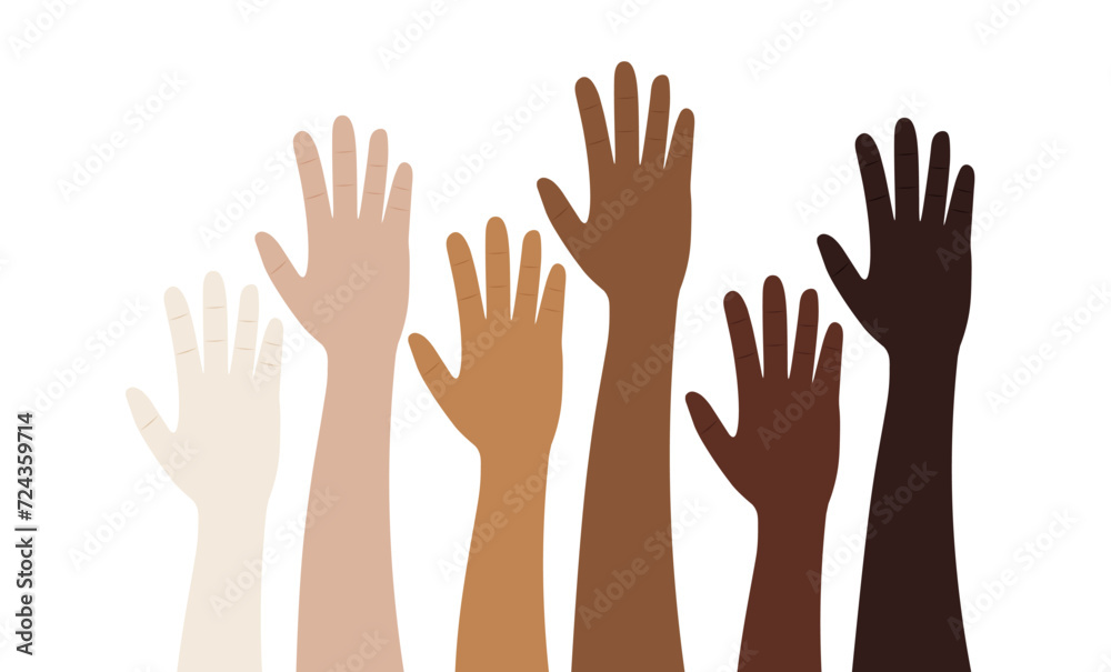 Set of raise hands different skin tone multi ethnic concept illustration vector