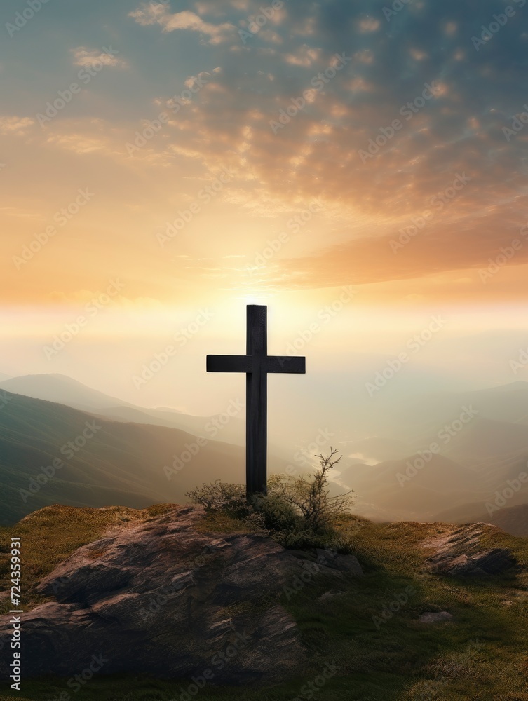 Easter and Good Friday concept, Empty tombstone with cross on mountain sunrise background, copy space - generative ai Easter and Good Friday concept, Empty tombstone with cross on mountain sunrise background, copy space - generative ai