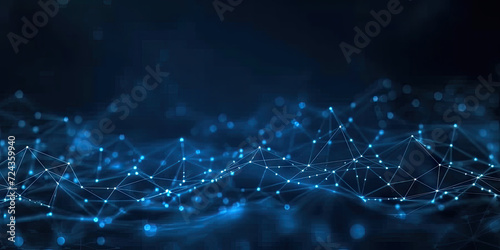 Abstract blue geometric polygonal space low poly network nodes with connected dots and lines on dark blur blue tone background. Concept for digital technology, telecom, big data, ai, block chain