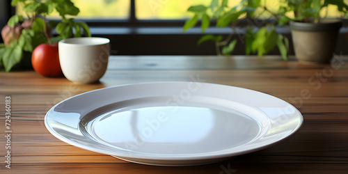 Empty white plate isolated on wooden table