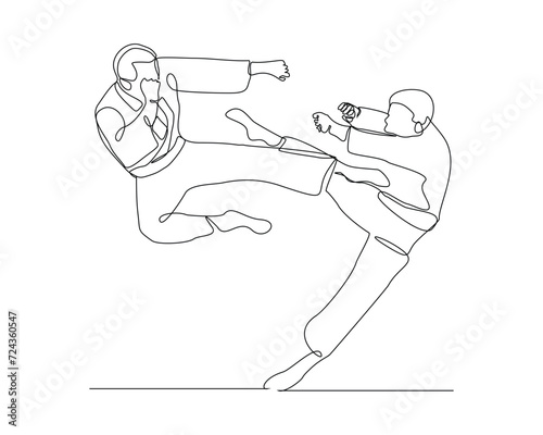 Continuous single line sketch drawing of young two man confident karateka in kimono practicing fight karate combat. One line traditional martial art sport training concept Vector illustration
