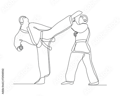 Continuous single line sketch drawing of young two man confident karateka in kimono practicing fight karate combat. One line traditional martial art sport training concept Vector illustration