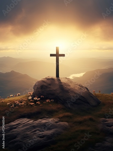 Easter and Good Friday concept, Empty tombstone with cross on mountain sunrise background, copy space - generative ai © Nia™