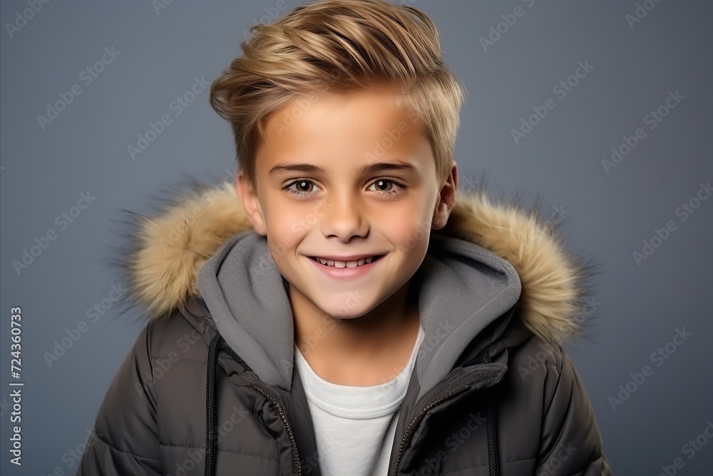 Portrait of a cute little boy in a warm jacket. Studio shot. Portrait of a cute little boy in a warm jacket. Studio shot.