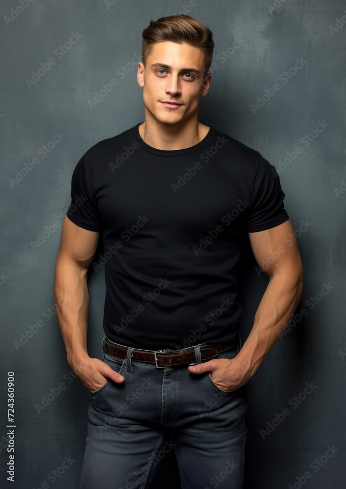 young male model in a black T-shirt on a gray background