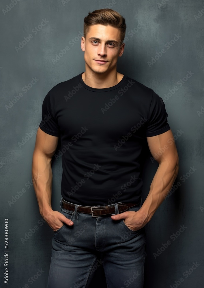 young male model in a black T-shirt on a gray background young male model in a black T-shirt on a gray background