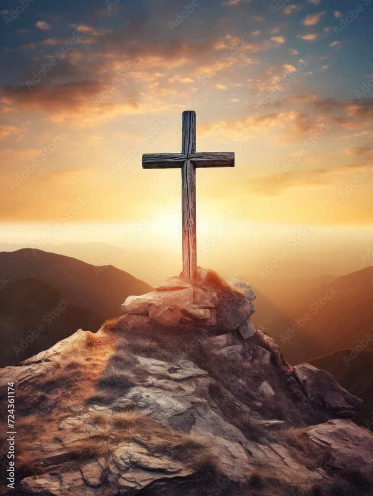 Easter and Good Friday concept, Empty tombstone with cross on mountain sunrise background, copy space - generative ai Easter and Good Friday concept, Empty tombstone with cross on mountain sunrise background, copy space - generative ai