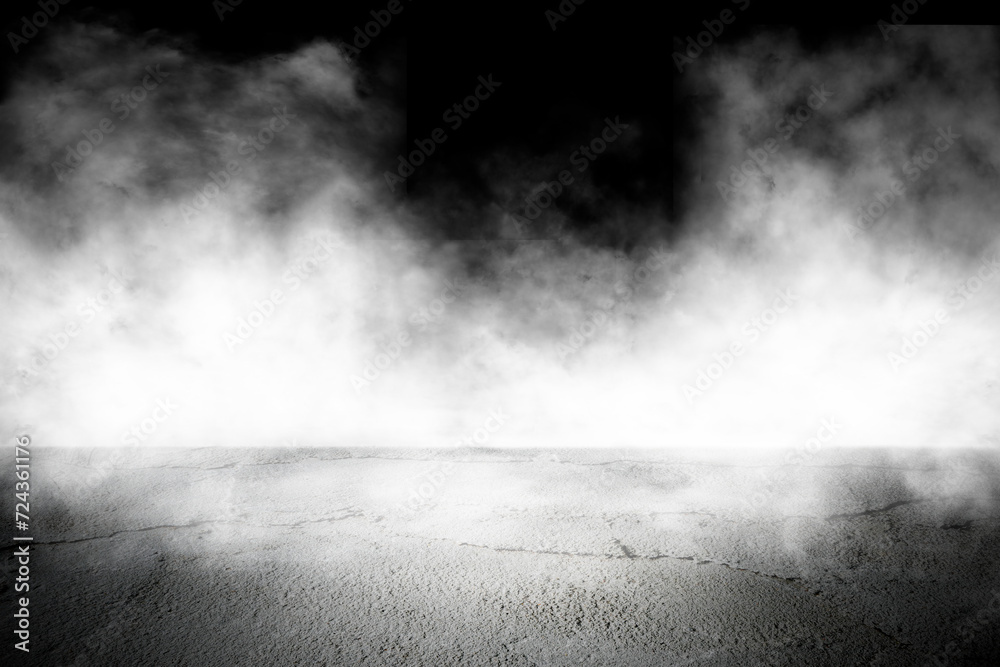 Asphalt concrete grunge floor with smoke or fog in dark room with spotlight. grungy broken night street. Mist on black background, black and white