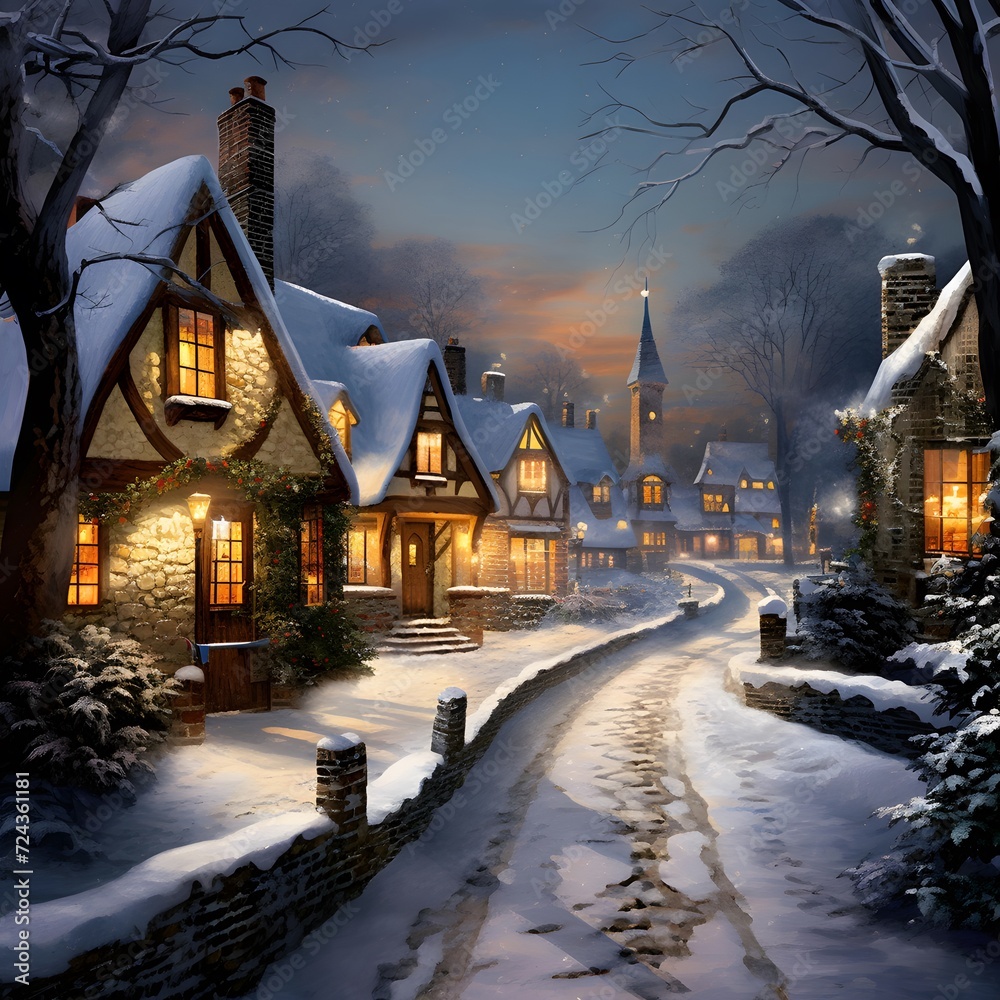 Winter village with houses and trees covered with snow. Digital painting.