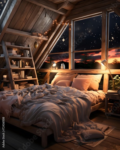 3d rendering of a cozy attic bedroom with a beautiful night view