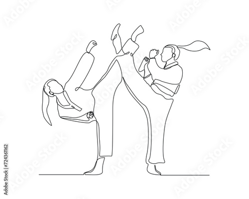 Continuous single line sketch drawing of young two woman confident karateka in kimono practicing fight karate combat. One line traditional martial art sport training concept Vector illustration