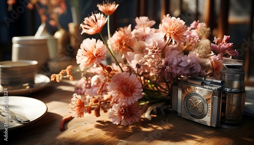 Bouquet of pink flowers and old camera on a wooden table