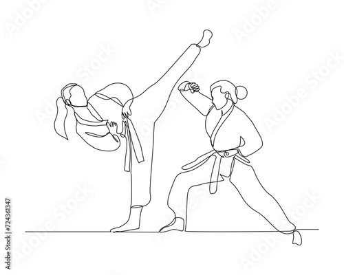 Continuous single line sketch drawing of young two woman confident karateka in kimono practicing fight karate combat. One line traditional martial art sport training concept Vector illustration
