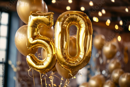 Happy 50th birthday. Gold helium 50 birthday balloons at a celebration event photo