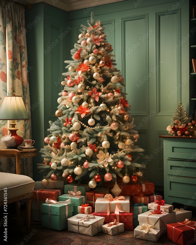 Christmas tree with gifts in a room with a classic interior. Holiday concept.