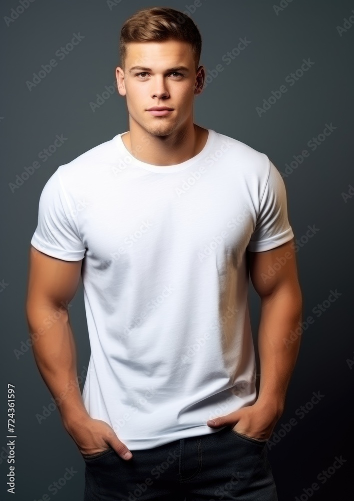 Portrait of man in white t-shirt on gray background
