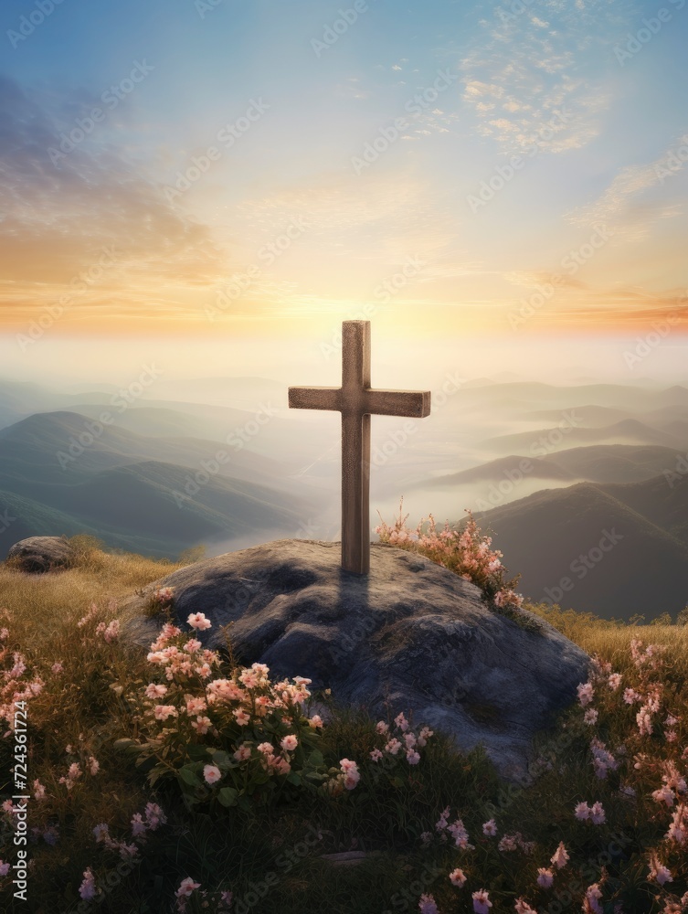 Easter and Good Friday concept, Empty tombstone with cross on mountain sunrise background, copy space - generative ai Easter and Good Friday concept, Empty tombstone with cross on mountain sunrise background, copy space - generative ai