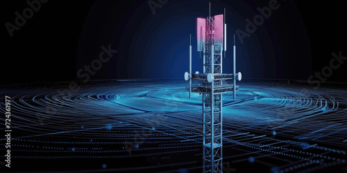 mobile phone signal repeater station tower with futuristic hud hologram. Dark background. For telecommunication industry, 4g 5g mobile data, copy space for text. tower comunication photo